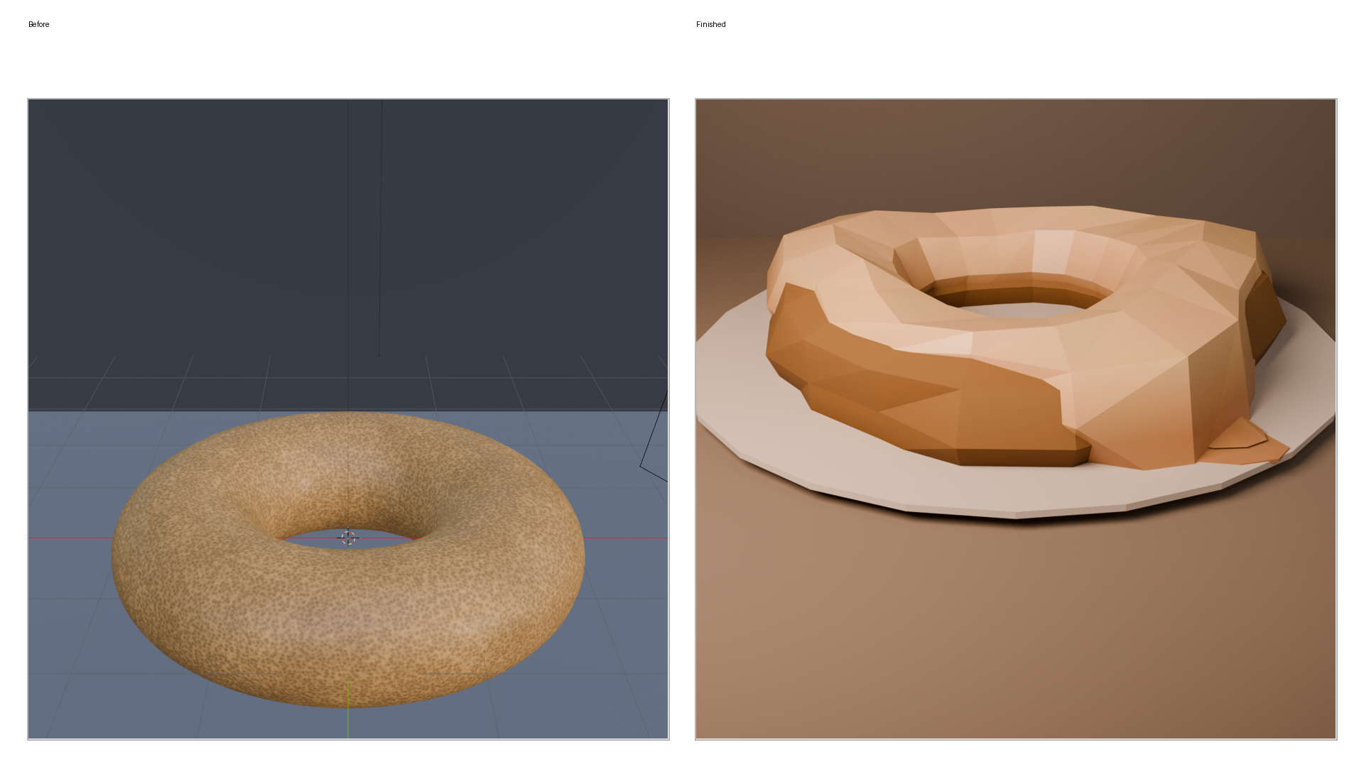 Before and finished doughnut renders shown side by side